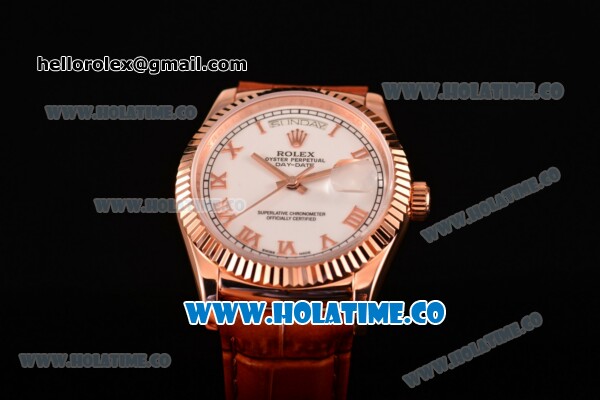 Rolex Day-Date Asia 2813/Swiss ETA 2836/Clone Rolex 3135 Automatic Rose Gold Case with Roman Numeral Markers and White Dial (BP) - Click Image to Close